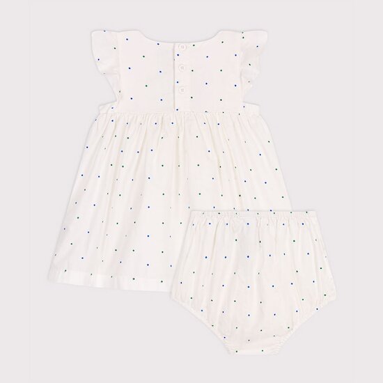 Robe blanche bébé en coton et son bloomer imprimés à pois   de Petit Bateau Robe blanche bébé en coton et son bloomer imprimés à pois   de Petit Bateau
