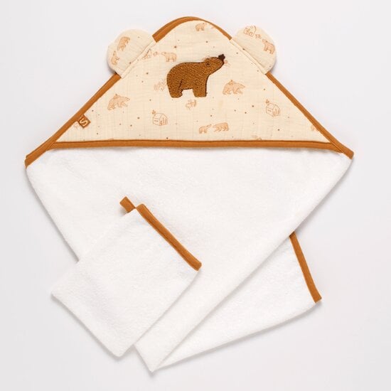 Orsino Housse Cape de bain + gant Vanille / Camel  de Sauthon Baby Déco