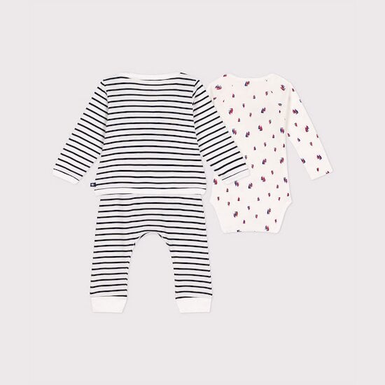 Ensemble 3 pièces en coton Blanc Marshmallow / Bleu Smoking  de Petit Bateau