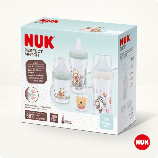 Coffret Naissance Perfect Match Biberons + Sucette Winnie l'Ourson  de Nuk Coffret Naissance Perfect Match Biberons + Sucette Winnie l'Ourson  de Nuk