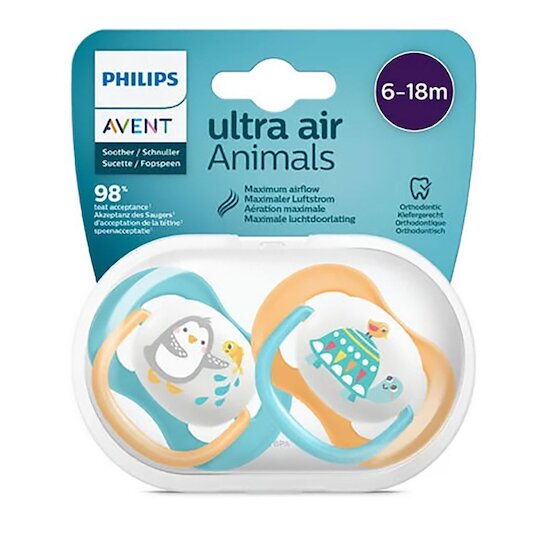 Lot de 2 sucettes Ultra Air Animaux Aléatoire 6-18 mois de Philips AVENT