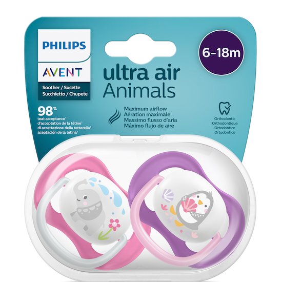 Lot 2 sucettes ultra air Pingouin/éléphant 6-18 mois de Philips AVENT