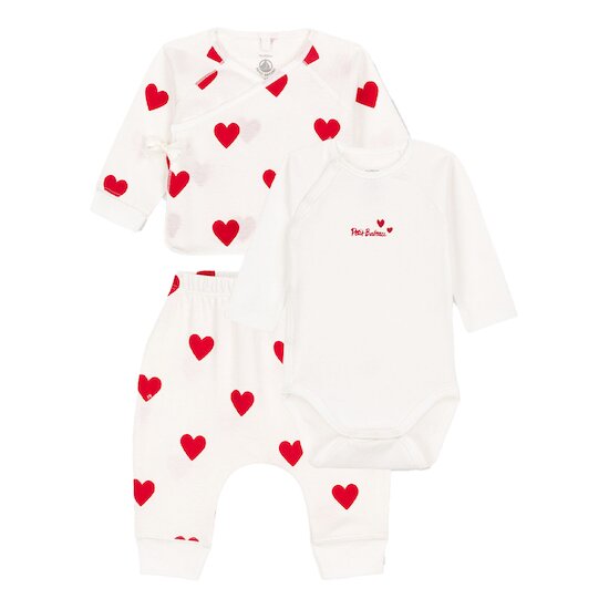 Ensemble 3 pièces à coeurs bébé en coton Blanc Marshmallow/Rouge Terkuit 3 mois de Petit Bateau