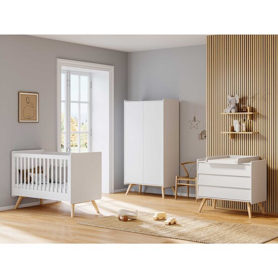 Chambre Vintage Complète : Lit évolutif 70 x 140 cm + Armoire + Commode + Plan à langer Blanc  de Vox Chambre Vintage Complète : Lit évolutif 70 x 140 cm + Armoire + Commode + Plan à langer Blanc  de Vox