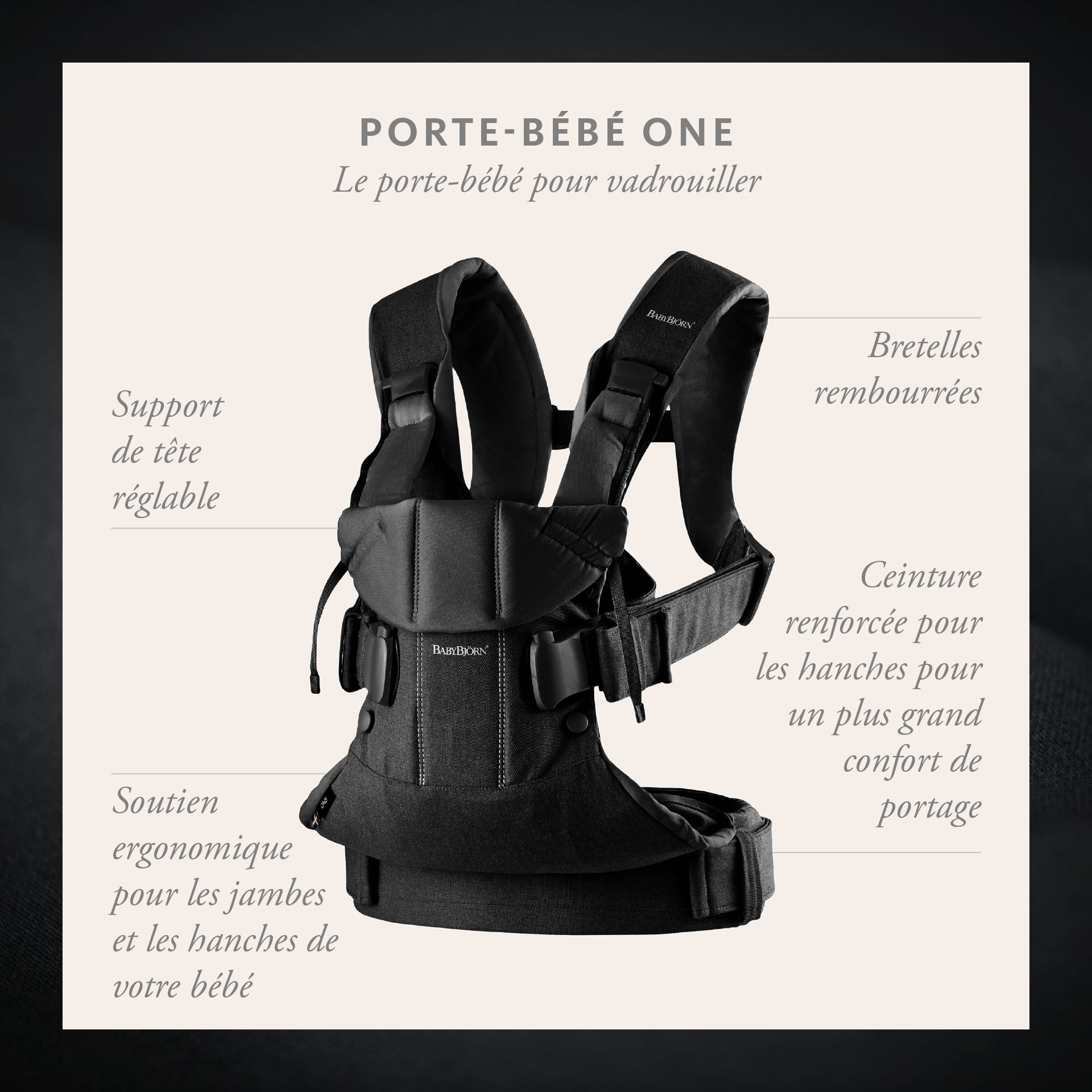 Porte-bébé One Noir cotton mix de BabyBjörn, Porte-bébé ventral : Aubert