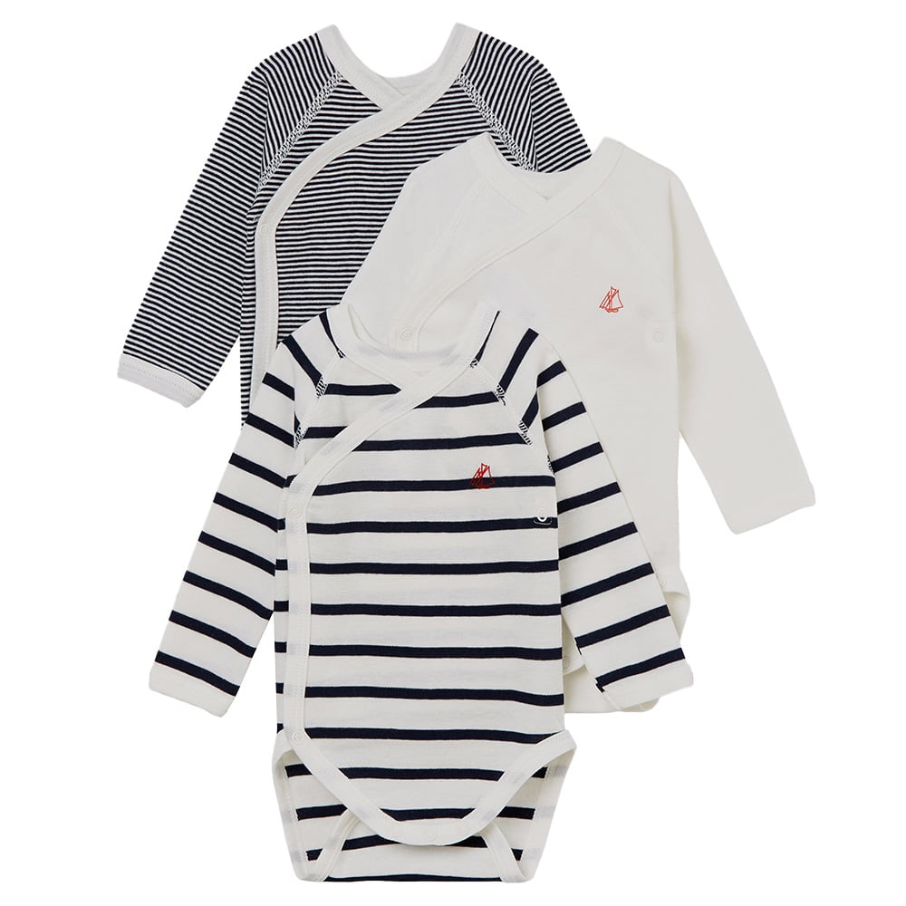 Lot de 3 bodies croisés manches courtes Petit Bateau blanc + bleu