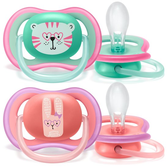 Lot 2 sucettes ultra air Tigre et lapin à lunette 18 mois + de Philips AVENT