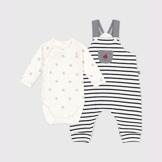 Ensemble salopette bébé rayure marinière et body imprimé Marshmallow / Smoking  de Petit Bateau