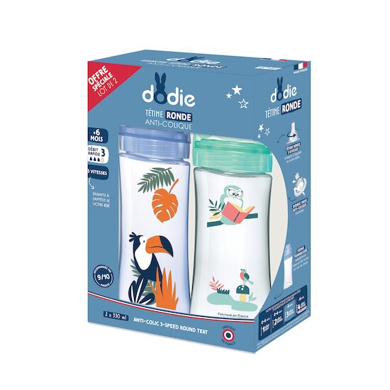 Lot de 2 biberons Initiation+ Hibou Vert/Toucan Bleu 330 ml de Dodie