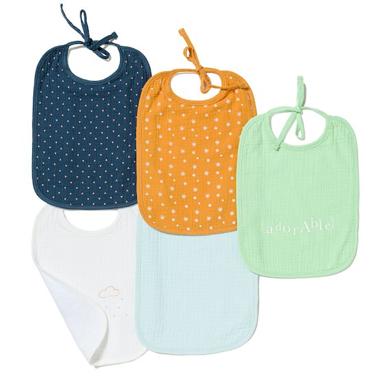 Lot de 5 bavoirs 2ème âge   de Maïka Lot de 5 bavoirs 2ème âge   de Maïka
