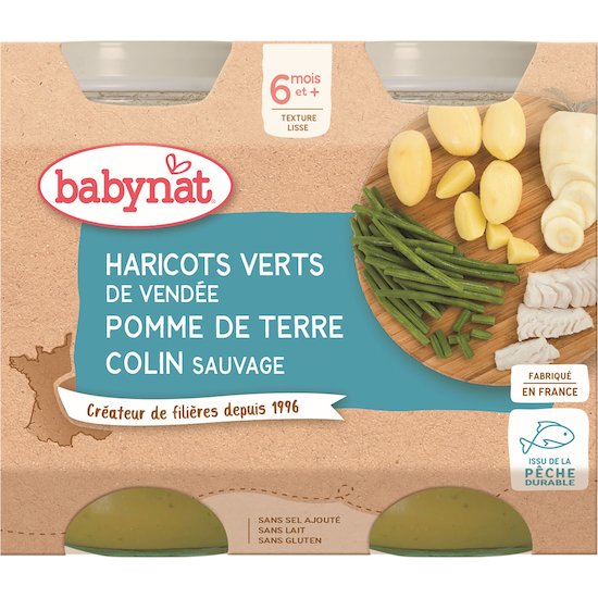 Petit pot haricots verts de Vendés pomme de terre colin sauvage  2 x 200 g de Babybio