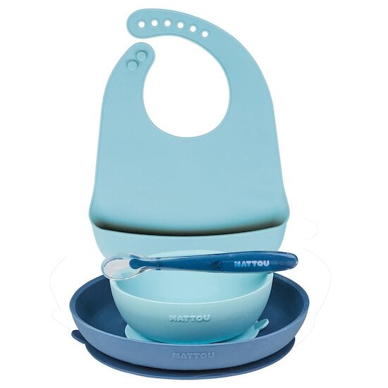 Set Repas Enfant avec Bavoir 4 pièces Silicone Bleu  de Nattou