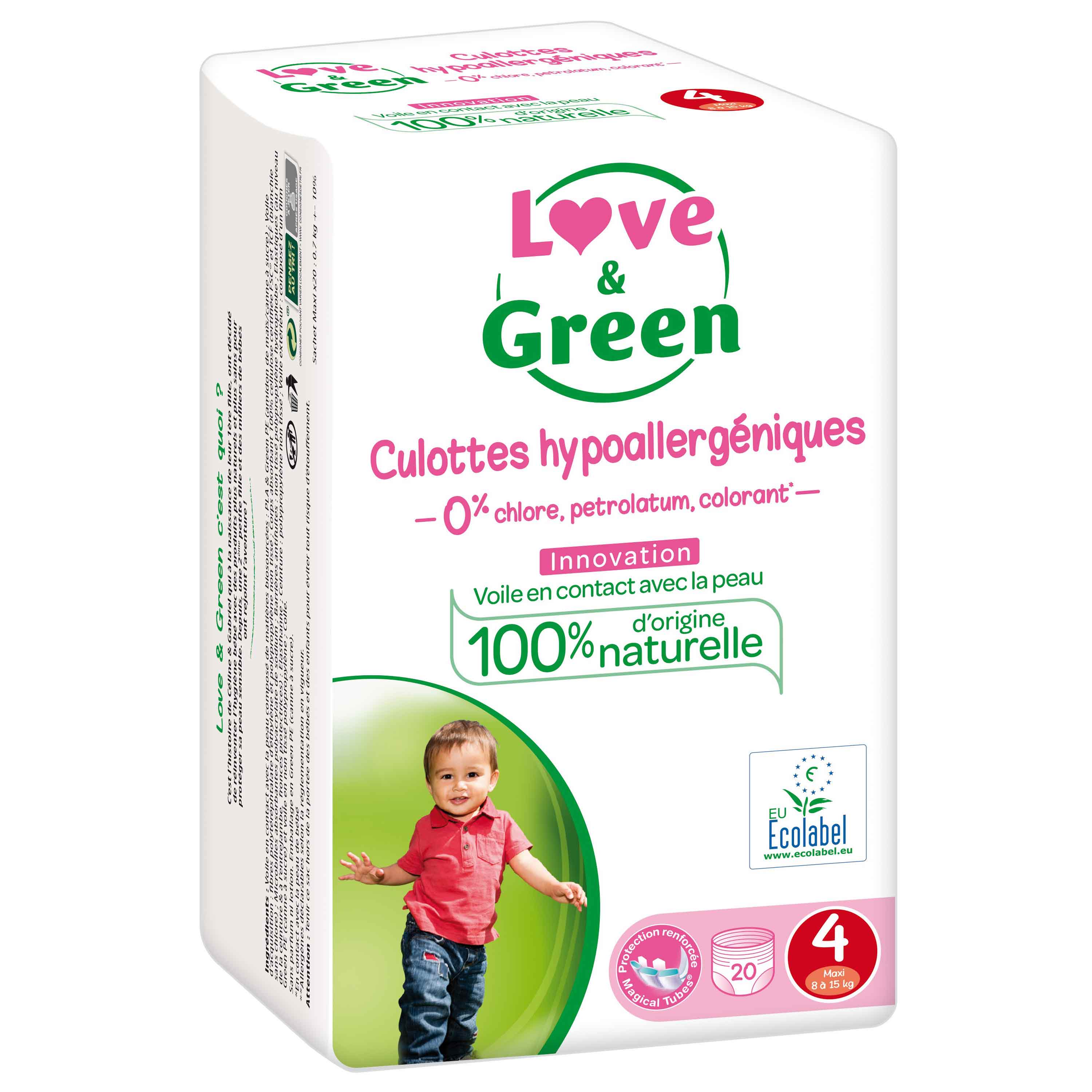 Couches-Culottes Hypoallergéniques et Ecologiques Taille 5 : 12-18 Kg LOVE  & GREEN : le paquet de 18 culottes à Prix Carrefour