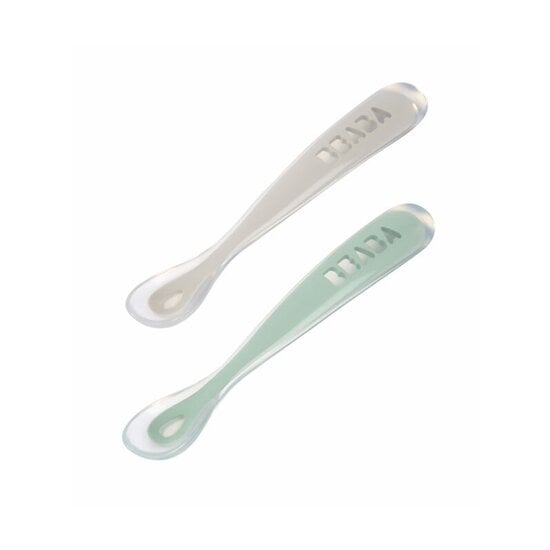 Lot de 2 Cuillères 1er âge en silicone + boite de transport gris/vert  de Béaba