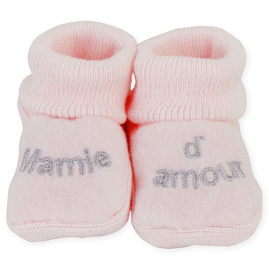 Chaussons bébé beige brodé J'aime Papa en broderie rose