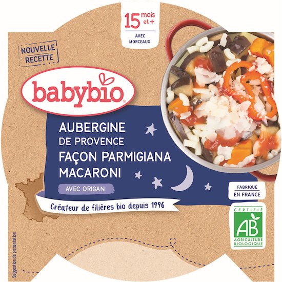 Assiette d'aubergine de Porvence façon parmigiana macaroni origan  260 g de Babybio