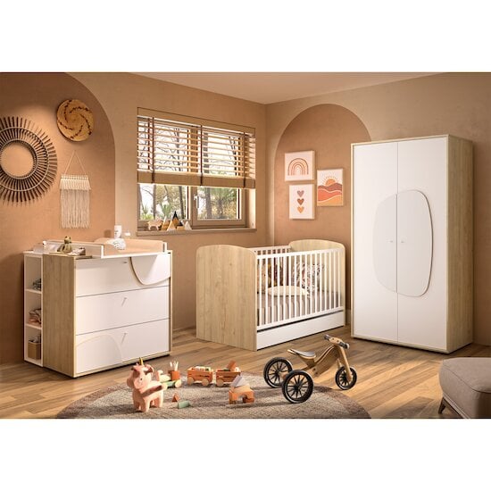 Chambre Basile :  Trio Lit  évolutif + Commode 3 tiroirs + Armoire 2 portes Châtaignier naturel et Blanc 70 x 140  cm de Galipette Chambre Basile :  Trio Lit  évolutif + Commode 3 tiroirs + Armoire 2 portes Châtaignier naturel et Blanc 70 x 140  cm de Galipette
