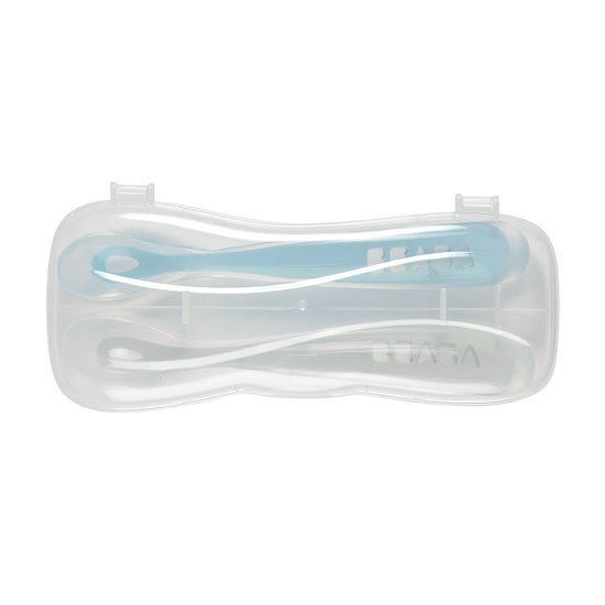 Lot 2 Cuillères 1er âge silicone + boite de transport Gris & Bleu  de Béaba Lot 2 Cuillères 1er âge silicone + boite de transport Gris & Bleu  de Béaba