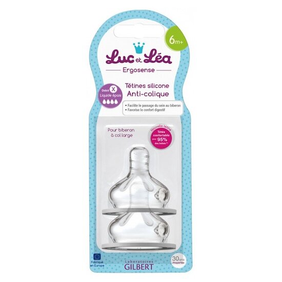 Lot de 2 Tétines Silicone Anti-Colique 6m+  Liquide épais de Luc et Léa