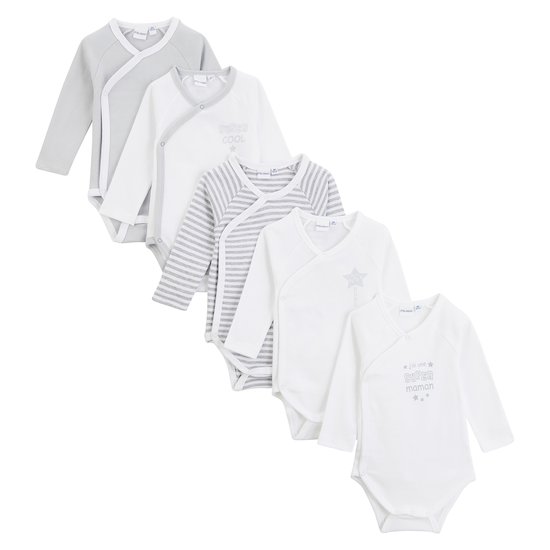 Lot 5 bodies Blanc/Gris Naissance de P'tit Bisou Petit Prix