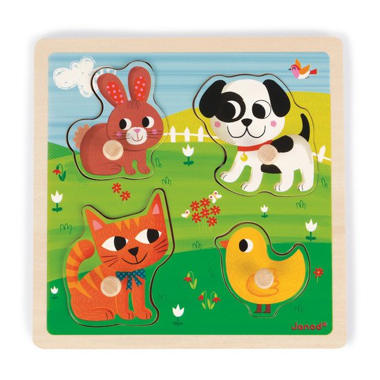 Puzzle bois tactile premiers animaux 4 pièces   de Janod