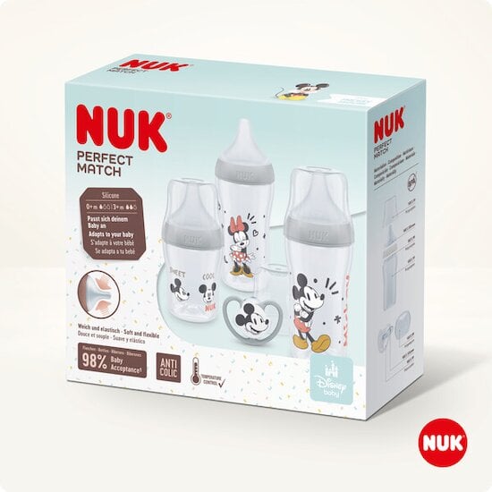Coffret Naissance Perfect Match Biberons + Sucette Mickey Mouse  de Nuk Coffret Naissance Perfect Match Biberons + Sucette Mickey Mouse  de Nuk