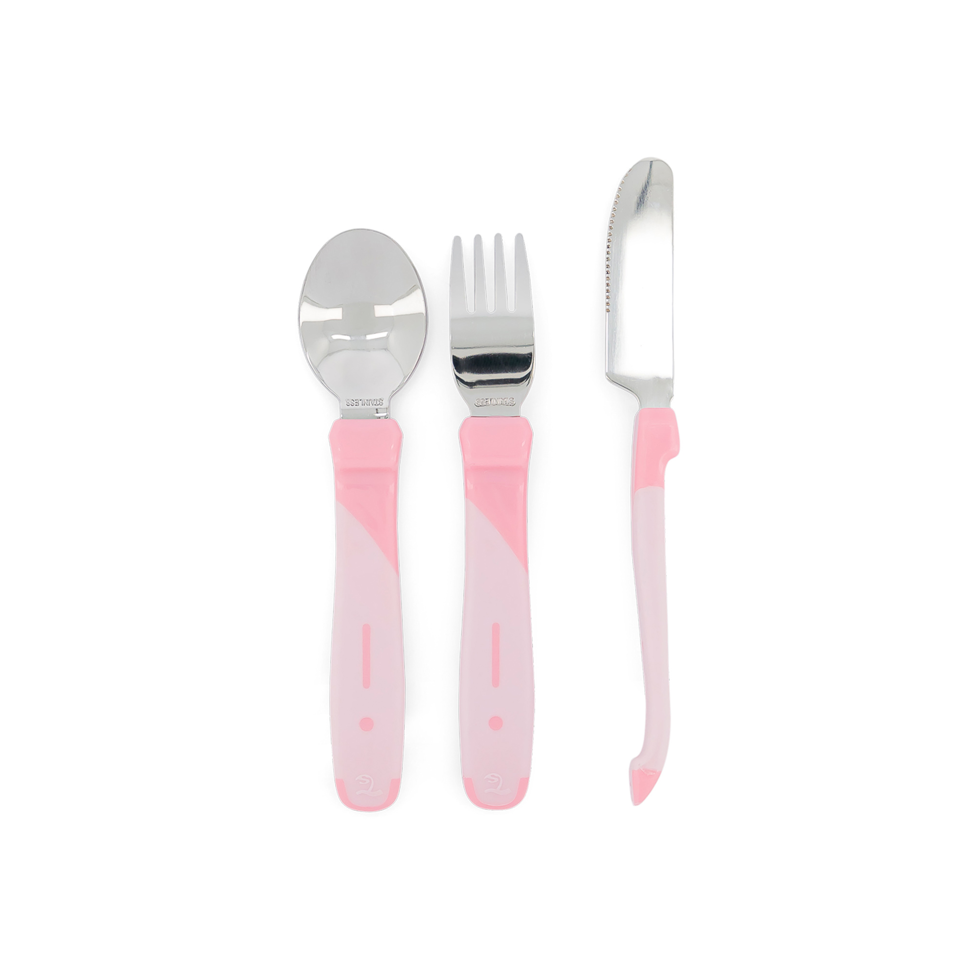 Set de 3 couverts cuillère, fourchette et couteau silicone rose