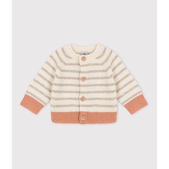 Cardigan à rayure en tricot laine et coton Marshmallow 1 mois de Petit Bateau