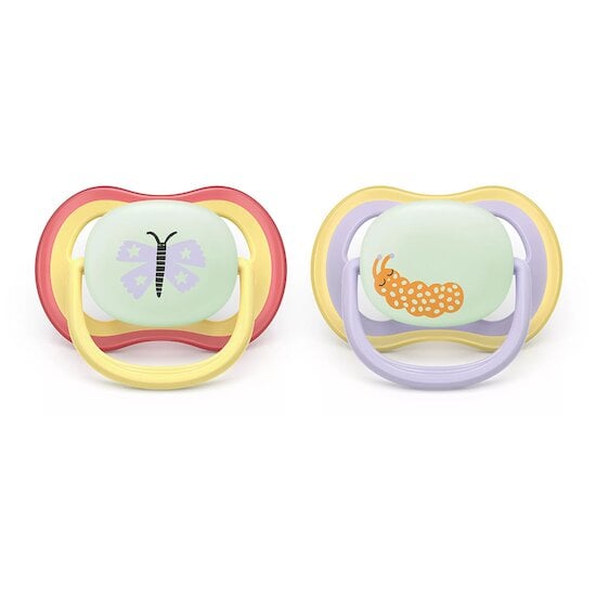 Lot de 2 sucettes ultra air nuit animaux  0-6 mois de Philips AVENT