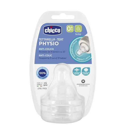 Lot de 2 tétines physiologiques anti-coliques en silicone débit Lent 0M+ de Chicco