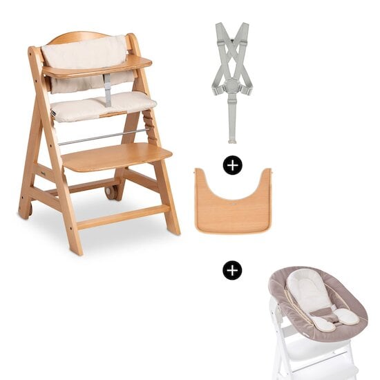 BETA+ Chaise haute en bois + accessoires + transat 2en1 Stretch Beige  de Doudou et Compagnie BETA+ Chaise haute en bois + accessoires + transat 2en1 Stretch Beige  de Doudou et Compagnie