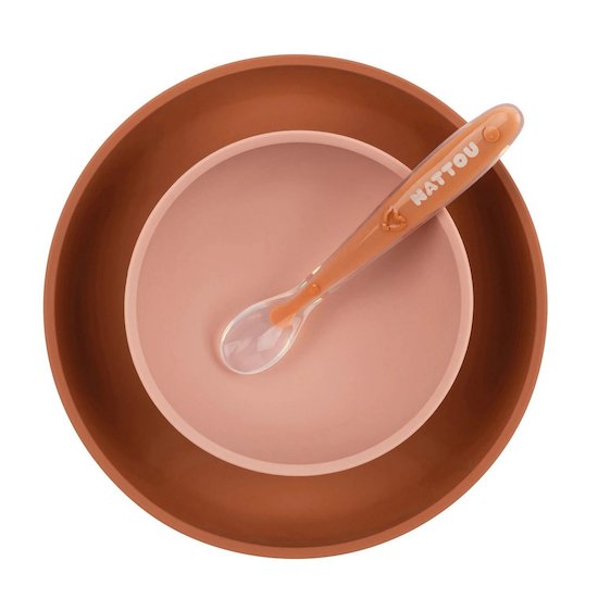 Set Repas Enfant avec Bavoir 4 pièces Silicone Rose  de Nattou