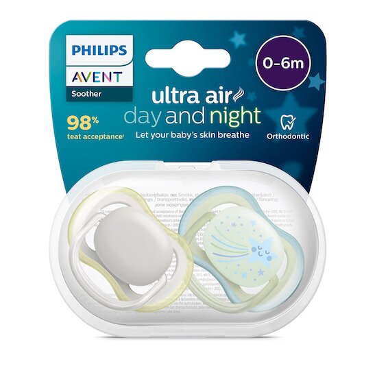 Lot de 2 sucettes Ultra Air Jour et Nuit Gris  / Jaune / Bleu ciel 0-6 mois de Philips AVENT