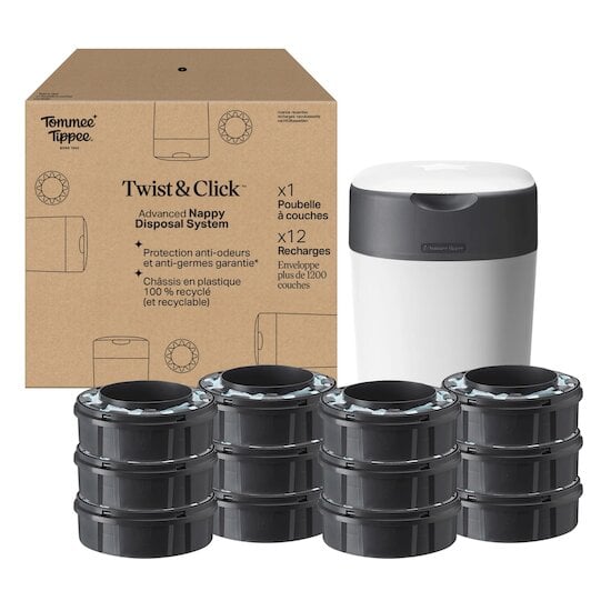 Poubelle à Couches Avancée Twist & Click Starter-pack, Lot de 12 Recharges  Blanc  de Tommee Tippee