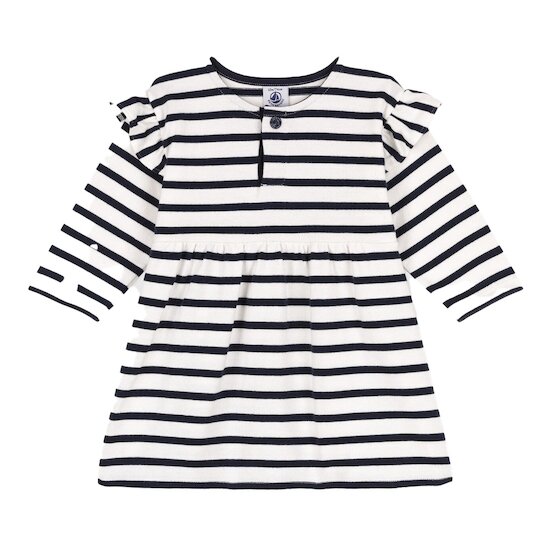 Robe manches longues bébé rayée marinière en jersey épais Blanc Marshmallow/Bleu Smoking  de Petit Bateau