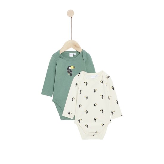 Lot 2 bodies manches longues en coton recyclé Beige/Vert  de P'tit bisou