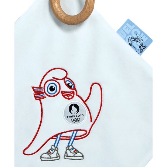 Mascotte Officielle JO 2024 Doudou plat avec anneau en bois Blanc  de Doudou et Compagnie Mascotte Officielle JO 2024 Doudou plat avec anneau en bois Blanc  de Doudou et Compagnie