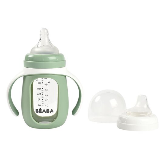 Biberon d'apprentissage 2en1 avec housse silicone Vert Sauge  de Béaba Biberon d'apprentissage 2en1 avec housse silicone Vert Sauge  de Béaba