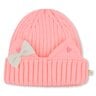 Bonnet tricot à oreilles et broderies coeurs avec nœud