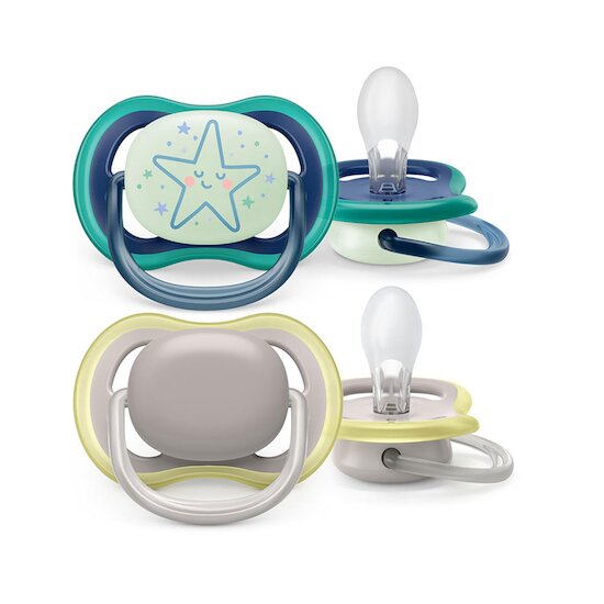 Lot de 2 sucettes Ultra Air Jour et Nuit Gris  / Jaune / Bleu nuit 6-18 mois de Philips AVENT