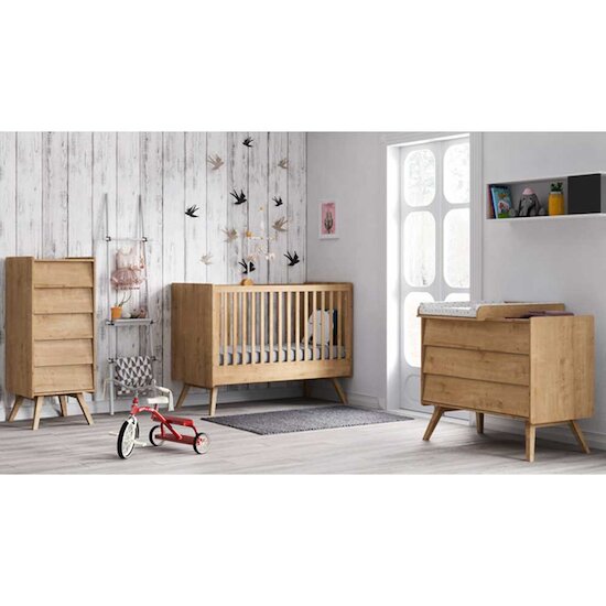 Chambre Vintage : Lit évolutif 70 x 140 cm + Chiffonnier + Commode + Plan à langer Nature  de Vox Chambre Vintage : Lit évolutif 70 x 140 cm + Chiffonnier + Commode + Plan à langer Nature  de Vox