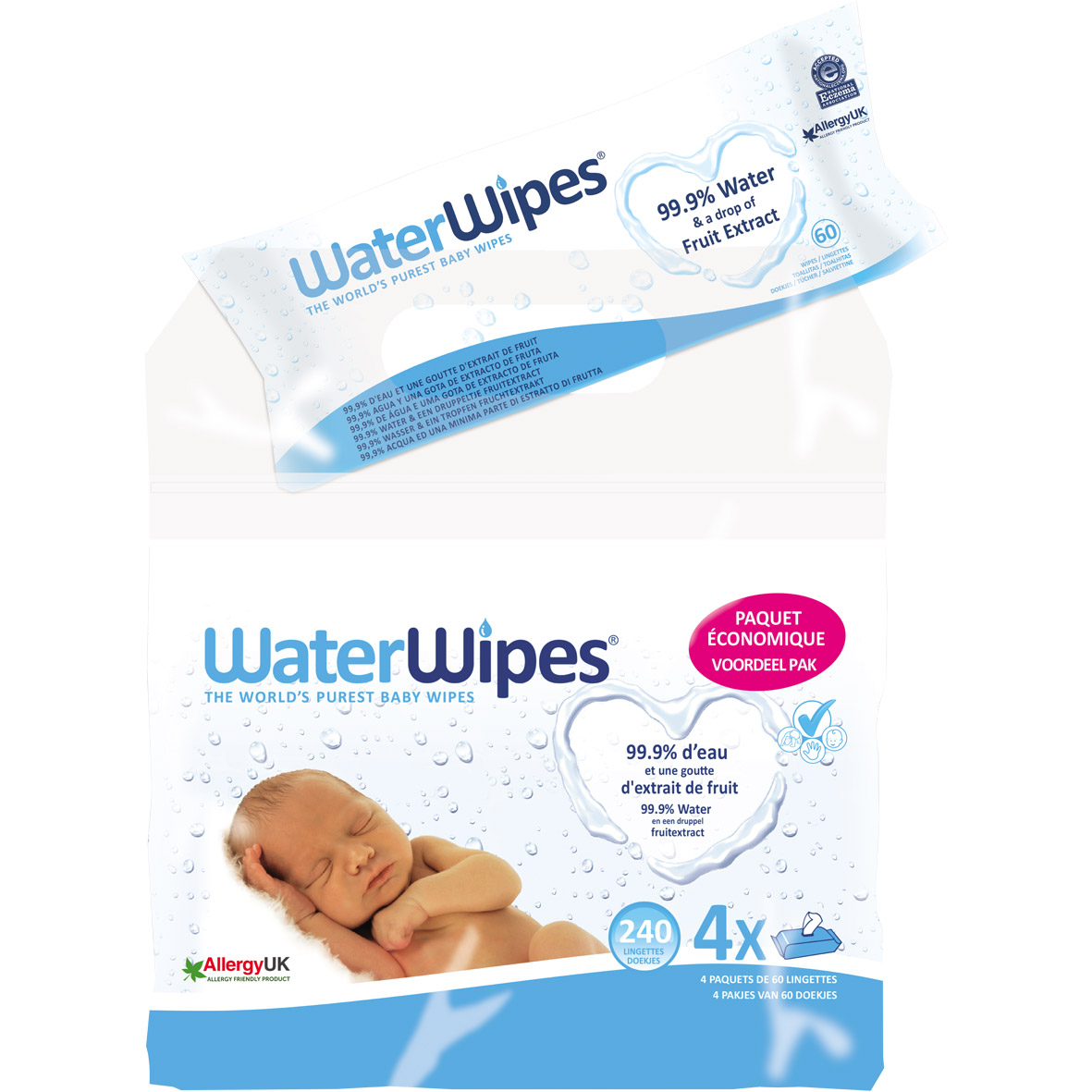 Lingettes bébé 100 naturelles 4 x60 WaterWipes, Cosmétiques Aubert