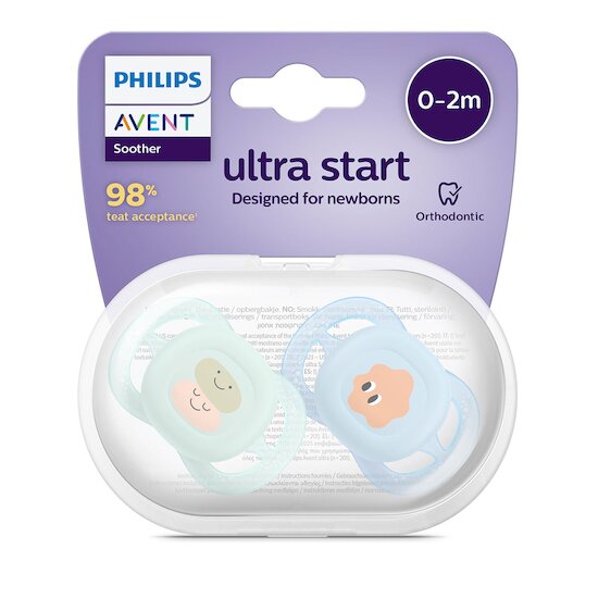 Lot de 2 sucettes ultra start imprimées  0-2 mois de Philips AVENT
