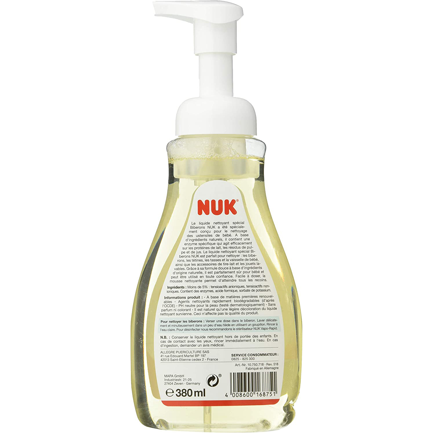 Liquide nettoyant biberons x2 avec flacon mousseur 380 ml de Nuk, Produits  d'entretien : Aubert