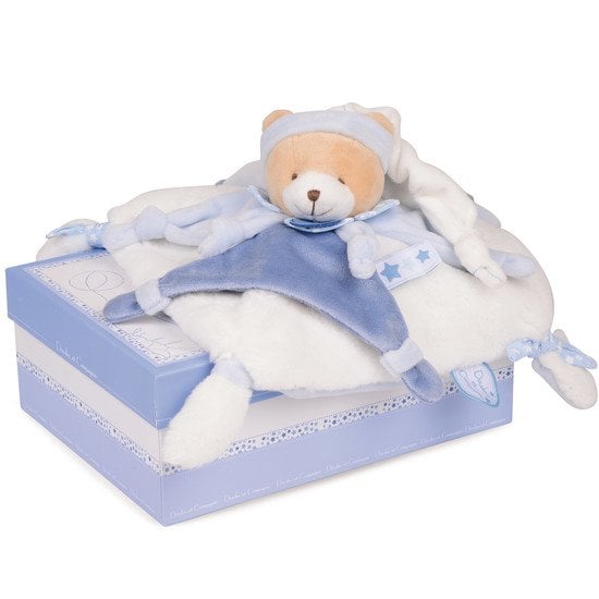 doudou bebe garcon plat avec tete d’ourson bleu