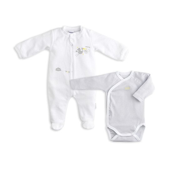 Lot Pyjama et body manches longues Blanc/gris Naissance de P'tit bisou