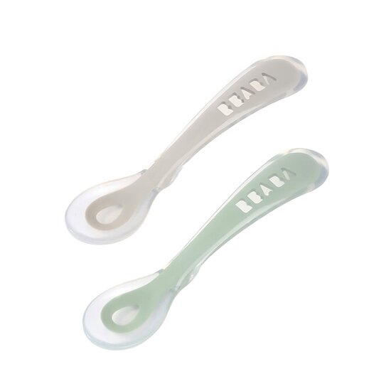 Lot de 2 Cuillères 2ème âge en silicone + boite de transport Gris/Vert  de Béaba