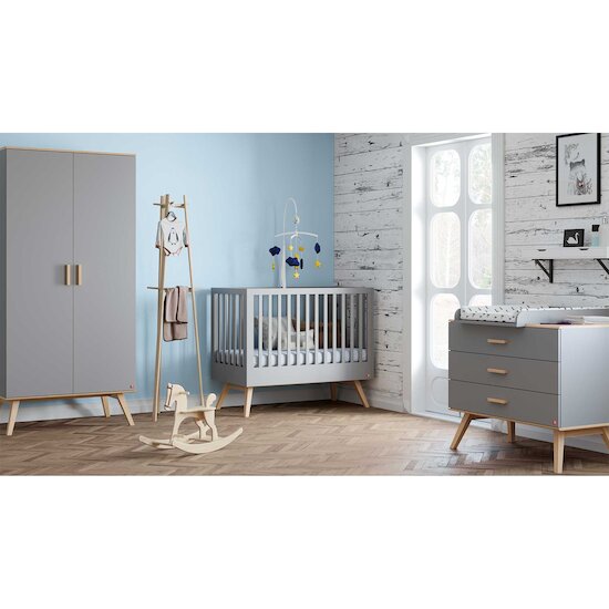 Chambre Nautis Complète : Lit évolutif 70 x 140 cm + Armoire + Commode + Plan à langer Gris  de Vox Chambre Nautis Complète : Lit évolutif 70 x 140 cm + Armoire + Commode + Plan à langer Gris  de Vox