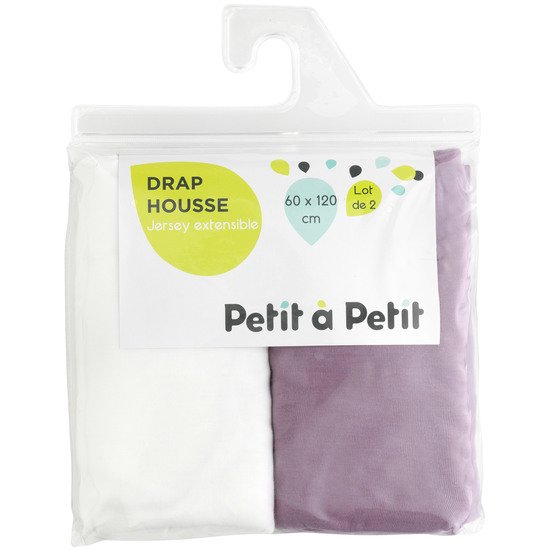 Lot de 2 draps housses Blanc / Violet 60x120 de Petit à petit