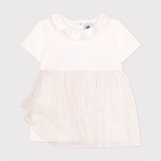 Robe en coton et tulle manches courtes et colerette Blanc Marshmallow / Rose Copper  de Petit Bateau
